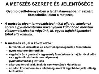 A METSZÉS SZEREPE ÉS JELENTŐSÉGE
   Gyümölcsültetvényekben a legáltalánosabban használt
               fitotechnikai elem a metszés.

• A metszés olyan termesztéstechnikai eljárás, amelynek
  során a gyümölcstermő növényeken különböző mértékű
  visszametszéseket végzünk, ill. egyes hajtásképleteket
  tőből eltávolítunk.

• A metszés céljai a következők:
   – termőfelület kialakítása és a termőképességének a fenntartása
   – gyorsított termőre fordítás
   – vegetatív és a generatív egyensúly fenntartása (a hajtásnövekedés
     és a gyümölcsterhelés szabályozása)
   – gyümölcsminőség javítása
   – a korona térbeli alakjának és szerkezetének kialakítása
   – az adott koronaformán a lehetőség szerinti legjobb fényellátottság
     biztosítása
 