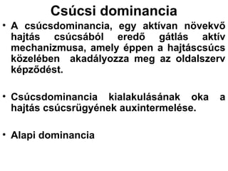 Csúcsi dominancia
• A csúcsdominancia, egy aktívan növekvő
  hajtás csúcsából eredő gátlás aktív
  mechanizmusa, amely éppen a hajtáscsúcs
  közelében akadályozza meg az oldalszerv
  képződést.

• Csúcsdominancia kialakulásának oka     a
  hajtás csúcsrügyének auxintermelése.

• Alapi dominancia
 
