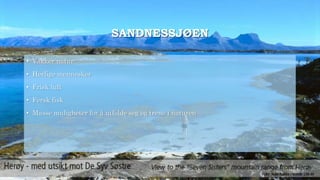SANDNESSJØEN 
• Vakker natur 
• Herlige mennesker 
• Frisk luft 
• Fersk fisk 
• Masse muligheter for å utfolde seg og trene i naturen 
 