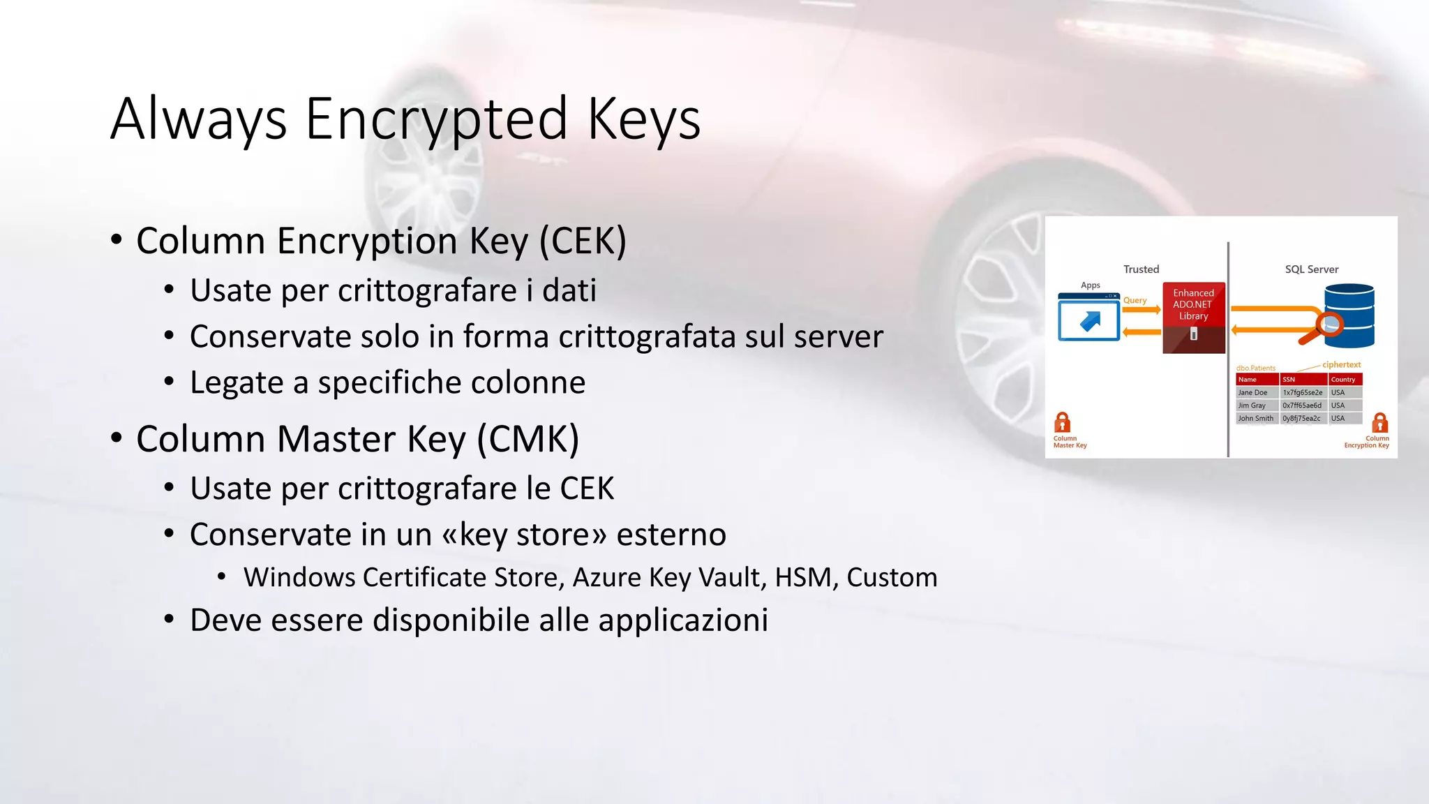 Always Encrypted Keys
• Column Encryption Key (CEK)
• Usate per crittografare i dati
• Conservate solo in forma crittografata sul server
• Legate a specifiche colonne
• Column Master Key (CMK)
• Usate per crittografare le CEK
• Conservate in un «key store» esterno
• Windows Certificate Store, Azure Key Vault, HSM, Custom
• Deve essere disponibile alle applicazioni
 