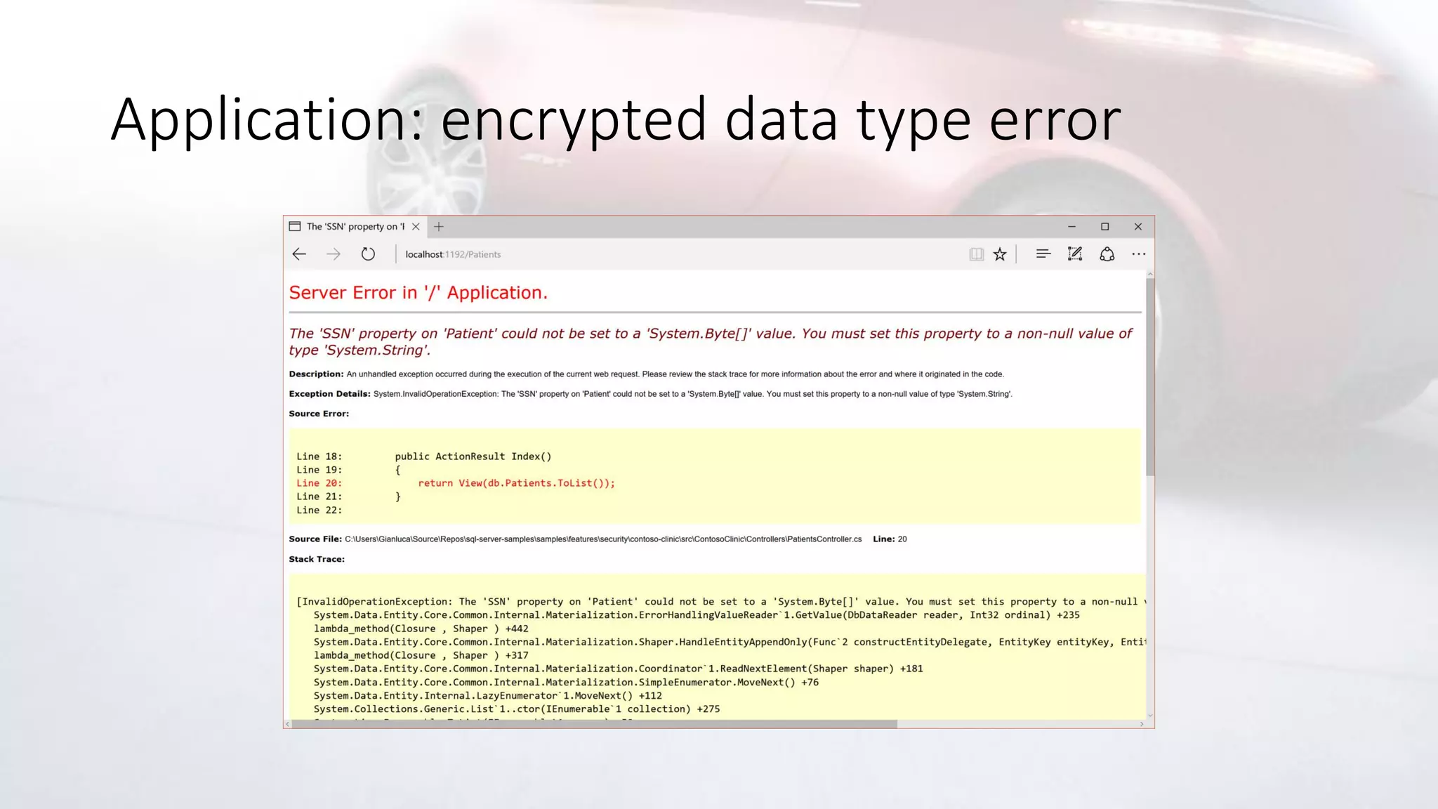 Application: encrypted data type error
 