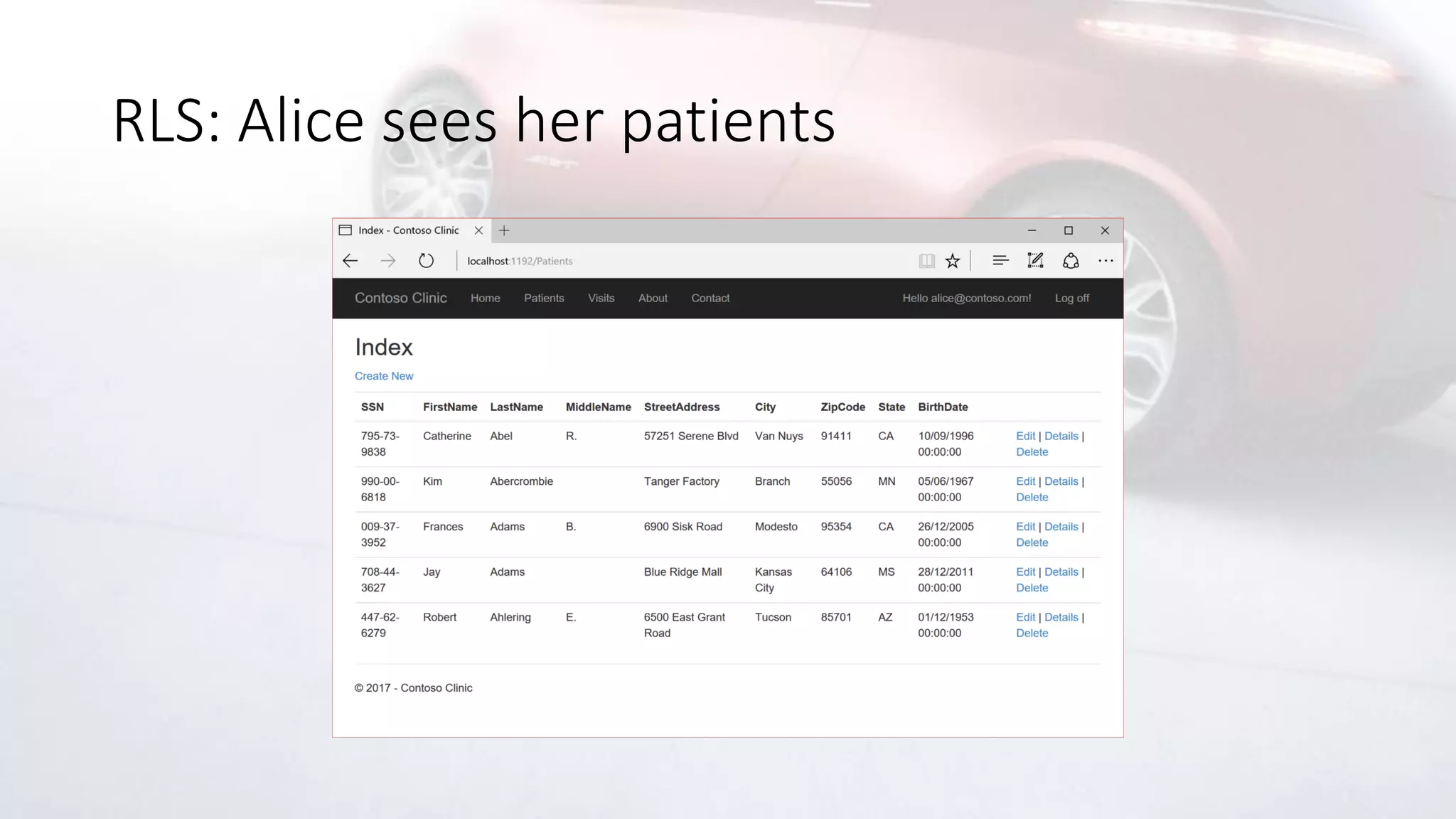 RLS: Alice sees her patients
 