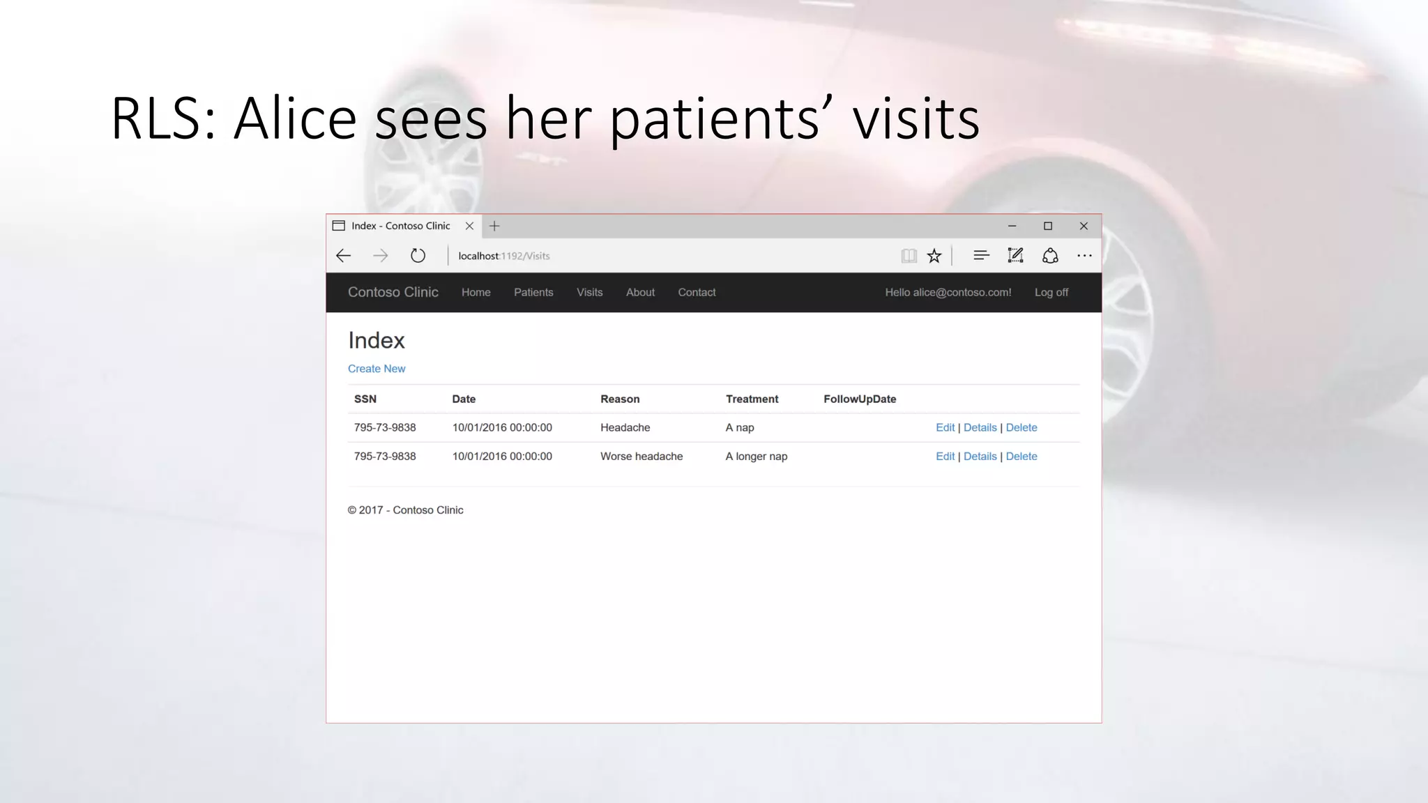 RLS: Alice sees her patients’ visits
 