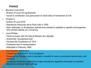 FRANCE
•    Bourbon Louis XVIII
    • Brother of Louis XVI (guillotined)
    • Issued a constitution, but gave power to small class of landowners & rich
•    Charles X
    • brother of Louis XVIII
    • Repressive measures led to Paris riots in 1830
    • Soon abdicates  rift between radicals who wanted to establish a republic & bourgeoisie
      who wanted stability of a monarchy
•    Louis Phillipe
    • Came to power with the help of Marquis de Lafayette
    • Aristocratic “bourgeoisie king”
    • Honored the Constitution of 1814
    • Proletariat had no representation
    • Abdicated in February 1848
•    The Chamber of Deputies
    • Created by Louis XVIII’s 1814 constitution
    • Pressured by Parisian mobs to proclaim a republic & name a provisional government until
      elections
    • Constituent Assembly established single-chambered Legislative Assembly & president
      elected by universal male suffrage
 