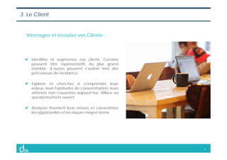 6
Identifiez et segmentez vos clients. Certains
peuvent être représentatifs du plus grand
nombre, d’autres peuvent s’avére...