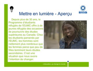 Mettre en lumière - Aperçu
    Depuis plus de 30 ans, le
Programme d’étudiants
réfugiés de l’EUMC offre à de
jeunes réfugiés des occasions
de poursuivre des études
supérieures au Canada. Chez
les étudiants parrainés par
l'EUMC, les hommes sont
nettement plus nombreux que
les femmes parce que peu de
filles terminent leurs études
secondaires. C’est une
situation que nous avons
l’intention de changer.
                            L'éducation, ça change le monde
 