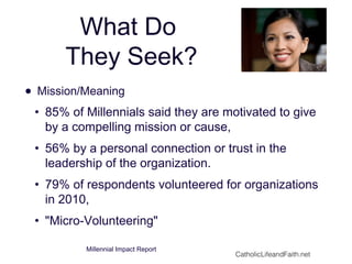 What Do
They Seek?
• Mission/Meaning
• 85% of Millennials said they are motivated to give
by a compelling mission or cause,
• 56% by a personal connection or trust in the
leadership of the organization.
• 79% of respondents volunteered for organizations
in 2010,
• "Micro-Volunteering"
Millennial Impact Report
CatholicLifeandFaith.net
 