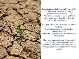Pew Forum on Religion and Public Life:
“Catholicism has experienced the
greatest net losses. While 1 in 3
Americans were raised in the Catholic
faith, today fewer than 1 in 4 describe
themselves as Catholic.”
Roughly 10% of all Americans are former
Catholics
2.6 % of American population has
become Catholic
Note and be attentive to the influence of
immigration
The current generation of young adults
are less likely to affiliate with any
denomination, even when compared to
other generations when they were young
adults.
 