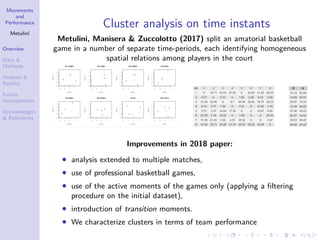 Movements
and
Performance
Metulini
Overview
Data &
Methods
Analysis &
Results
Future
developments
Acknowledgm.
& References
Cluster analysis on time instants
Metulini, Manisera & Zuccolotto (2017) split an amatorial basketball
game in a number of separate time-periods, each identifying homogeneous
spatial relations among players in the court
Improvements in 2018 paper:
• analysis extended to multiple matches,
• use of professional basketball games,
• use of the active moments of the games only (applying a ﬁltering
procedure on the initial dataset),
• introduction of transition moments.
• We characterize clusters in terms of team performance
 