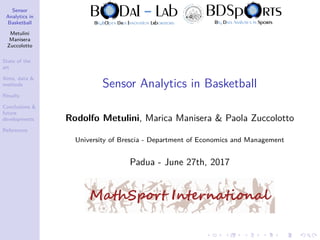 Sensor
Analytics in
Basketball
Metulini
Manisera
Zuccolotto
State of the
art
Aims, data &
methods
Results
Conclusions &
future
developments
References
Sensor Analytics in Basketball
Rodolfo Metulini, Marica Manisera & Paola Zuccolotto
University of Brescia - Department of Economics and Management
Padua - June 27th, 2017
 