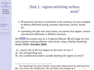 Movements
and
Performance
Metulini,
Manisera,
Zuccolotto
Context
Data
Methods &
Results
Conclusions
Acknowledgm.
& References
Step 1: regime-switching surface
areas1
• Of particular interest to economists is the tendency of many variables
to behave diﬀerently during economic downturns, shocks, breaks,
etc..
• translating the idea into team sports, we assume that players’ surface
area behaves diﬀerently in diﬀerent moments.
We model the surface area as a 2-regimes (Narrow, N and Large, L) time
series process involving diﬀerent mean levels, using a Markov Switching
Model (MSM; Hamilton 2010)
C˜t : convex hull of the ﬁve players on the court at time ˜t
A˜t : the corresponding area
R˜t : the (unobserved) random variable denoting the regime at time ˜t
1
we regularized the space between consecutive observations by selecting from
Xr a row every 100 milliseconds. We call these time instants as ˜t
 