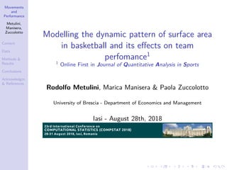 Movements
and
Performance
Metulini,
Manisera,
Zuccolotto
Context
Data
Methods &
Results
Conclusions
Acknowledgm.
& References
Modelling the dynamic pattern of surface area
in basketball and its eﬀects on team
perfomance1
1
Online First in Journal of Quantitative Analysis in Sports
Rodolfo Metulini, Marica Manisera & Paola Zuccolotto
University of Brescia - Department of Economics and Management
Iasi - August 28th, 2018
 