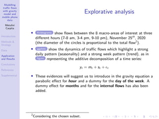 Modelling
traffic flows
with gravity
model and
mobile phone
data
Metulini
Carpita
Introduction
Methods 
Strategy
Data
Application
and Results
Conclusions
References
Supplemental
Explorative analysis
• Kriskograms show flows between the 8 macro-areas of interest at three
different hours (7-8 am, 3-4 pm, 9-10 pm), November 25th
, 2020
(the diameter of the circles is proportional to the total flow2
).
• ggplots show the dynamics of traffic flows which highlight a strong
daily pattern (seasonality) and a strong week pattern (trend), as in
figure representing the additive decomposition of a time series:
yt = mt + st + t
• These evidences will suggest us to introduce in the gravity equation a
parabolic effect for hour and a dummy for the day of the week. A
dummy effect for months and for the internal flows has also been
added.
2
Considering the chosen subset.
 