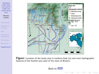 Modelling
traffic flows
with gravity
model and
mobile phone
data
Metulini
Carpita
Introduction
Methods 
Strategy
Data
Application
and Results
Conclusions
References
Supplemental
Figure: Location of the study area in northern Italy (a) and main hydrographic
features of the foothill area west of the town of Brescia.
Back to slide
 