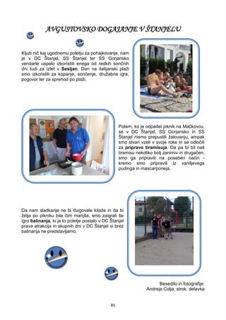 85
AVGUSTOVSKO DOGAJANJE V ŠTANJELU
Kljub nič kaj ugodnemu poletju za pohajkovanje, nam
je v DC Štanjel, SS Štanjel ter SS Gorjansko
vendarle uspelo izkoristiti enega od redkih sončnih
dni tudi za izlet v Sesljan. Dan na italijanski plaži
smo izkoristili za kopanje, sončenje, družabne igre,
pogovor ter za sprehod po plaži.
Potem, ko je odpadel piknik na Mačkovcu,
se v DC Štanjel, SS Gorjansko in SS
Štanjel nismo prepustili žalovanju, ampak
smo stvari vzeli v svoje roke in se odločili
za pripravo tiramisuja. Da pa bi bil naš
tiramisu nekoliko bolj zanimiv in drugačen,
smo ga pripravili na poseben način -
kremo smo pripravili iz vaniljevega
pudinga in mascarponeja.
Da nam sladkarije ne bi dvigovale kilaže in da bi
želja po pikniku bila čim manjša, smo zaigrali še
igro balinanja, ki je to poletje postalo v DC Štanjel
prava atrakcija in skupnih dni v DC Štanjel si brez
balinanja ne predstavljamo.
Besedilo in fotografije:
Andreja Colja, strok. delavka
 