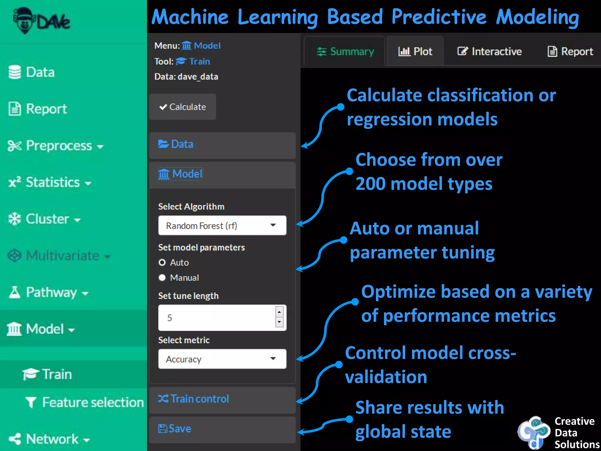 Creative
Data
Solutions
Machine Learning Based Predictive Modeling
Auto or manual
parameter tuning
Optimize based on a variety
of performance metrics
Control model cross-
validation
Share results with
global state
Choose from over
200 model types
Calculate classification or
regression models
 
