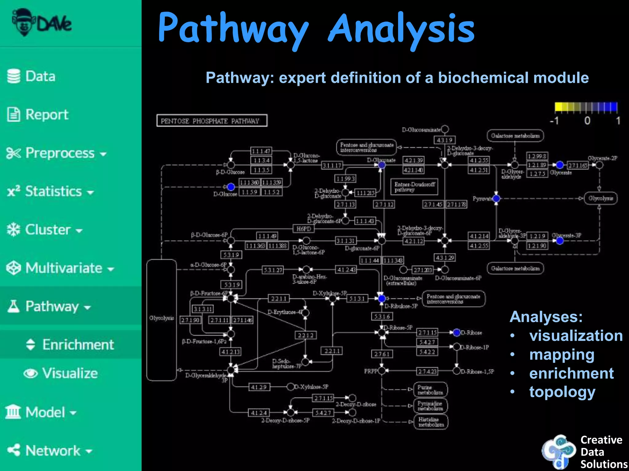 Creative
Data
Solutions
Pathway Analysis
Analyses:
• visualization
• mapping
• enrichment
• topology
Pathway: expert definition of a biochemical module
 