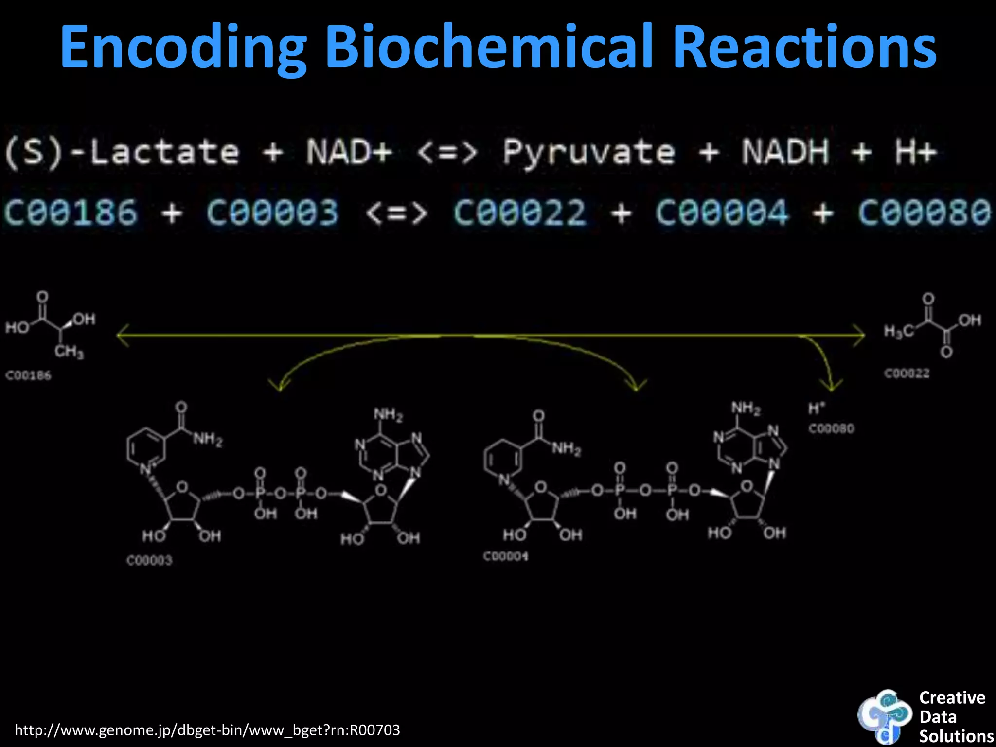 Creative
Data
Solutions
Encoding Biochemical Reactions
http://www.genome.jp/dbget-bin/www_bget?rn:R00703
 