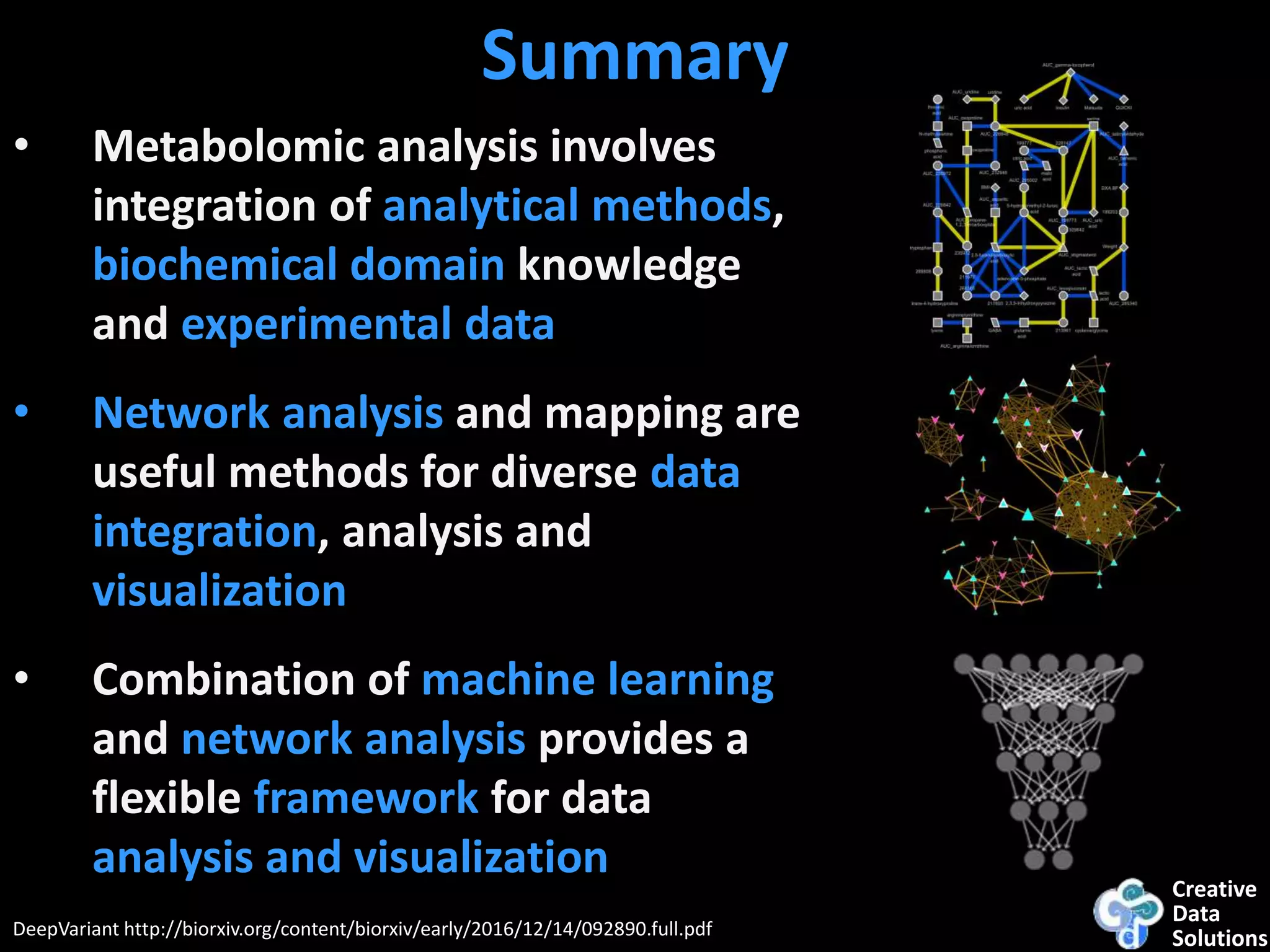Creative
Data
SolutionsDeepVariant http://biorxiv.org/content/biorxiv/early/2016/12/14/092890.full.pdf
Summary
• Metabolomic analysis involves
integration of analytical methods,
biochemical domain knowledge
and experimental data
• Network analysis and mapping are
useful methods for diverse data
integration, analysis and
visualization
• Combination of machine learning
and network analysis provides a
flexible framework for data
analysis and visualization
 