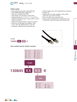 Cat.6A
| Patch cables 17
1
Cat.6A
130845 X X
Length
	05	=	0.5 m
	10	=	1.0 m
	15	=	1.5 m
	20	=	2.0 m
	30	=	3.0 m
	50	=	5.0 m
	70	=	7.0 m
	A0	=	10.0 m
	A5	=	15.0 m
	B0	=	20.0 m
	B5	=	25.0 m
	C0	=	30.0 m
Color
-EX X
00	=	black
33	=	grey
	44	=	blue
	55	=	green
	66	=	red
	77	=	yellow
	88	=	white
Example
Part number key for further versions
130845 05 -E77
• fully shielded Cat.6A patch cable AWG 26/7
• two shielded RJ45 plugs assignment 1 – 1
• cable type: 4x2xAWG 26/7 PIMF
• cable sheath: free of halogen, LSHF (LSOH)
• standard lengths 0.5; 1; 1.5; 2; 3; 5; 7; und 10 m
• additional standard lengths in grey, yellow, red and
   white 15 and 20 m
• additional standard lengths in grey 25 und 30 m
• class EA up to 500 MHz as per ISO/IEC 11801
   Ed.2.2: 2011-06, DIN EN 50173-1: 2011-09
• suitable for 10GBits Ethernet (IEEE 802.3an)
• molded snagless boot with integrated lever protection
• halogen free
• snagless boot and cable available in grey, yellow,
   green, blue, red, white and black
• colors may differ upon production lots
• You may wish to download the configuration tool
   in Microsoft®
Excel from www.metz-connect.com
Patch cords
 