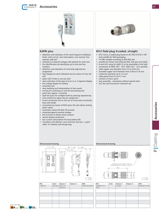 Accessories
KAPRi plus
•	 detection and indication of the most frequent installation
faults: short-circuit, wire interruption, wire reversal, line
reversal, split pair
•	 indication of external voltage with polarity for each wire
•	 line identification by identifying up to nine test box
numbers
•	 detection and indication of incorrectly adjusted pin
assignment
•	 fault display for each individual wire by means of nine red
LED
•	 green LED if there is not any fault
•	 clear indication of the type of error on a 7-segment display
•	 low voltage display for battery
•	 automatic test
•	 easy handling and interpretation of test results
•	 one key for switching on and off and starting test
•	 quick test, approx. 3 seconds
•	 fault list query for multiple faults by pressing separate key
•	 nine switches to adjust the pin assignment
•	 9-wire connection line to test up to 8-wire data connection
lines with shield
•	 connection by means of RJ45 jacks; this also allows testing
patch cables
•	 automatic switch-off after 30 seconds
•	 protected against external voltage
•	 test function to detect loose contacts
•	 reverse battery protection
•	 low current consumption for long battery life
•	 included in the delivery: main terminal, test box 1, patch
cable, 9 V battery and storage bag
P/N Color Feature 1 Feature 2 EAN
130670-E light grey basic unit
with box 1
4250184102465
Dimensional drawing
M12 field plug X-coded, straight
•	 M12 Cat.6A
X-coded plug based on IEC PAS 61076-2-109
and suitable for field packaging
•	 10 GBit suitable according to IEEE 802.3an
•	 suitable for Power over Ethernet (PoE, PoE plus and UPoE)
•	 8-wire M12 plug for AWG 22 to be assembled in the field
•	 connection of AWG 26/7 - 22/7; AWG 24/1 - 22/1 possible
•	 solid copper wire diameter from 0.4 to 0.64 mm
•	 stranded copper wire diameter from 0.48 to 0.76 mm
•	 conductor diameter up to 1.6 mm
•	 cable jacket from 5.0 to 9.7 mm
•	 consists of only 2 parts
•	 easy assembly - connection without special tools
•	 zinc die-cast housing for industrial use
P/N Color Feature 1 Feature 2 EAN
MNF881A315-​
0001
X-coded 4250184151166
Dimensional drawing
33
1
Accessories
 