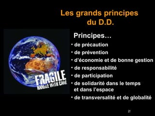 Les grands principes  du   D.D. Principes… de précaution de prévention d’économie et de bonne gestion de responsabilité de participation de solidarité dans le temps  et dans l’espace de transversalité et de globalité 