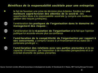 Bénéfices de la responsabilité sociétale pour une entreprise le fait de favoriser une prise de décision plus éclairée, fondée sur  une meilleure appréhension des attentes de la société , des opportunités liées à la responsabilité sociétale (y compris une meilleure gestion des risques juridiques); l’amélioration des  pratiques de l’organisation dans le domaine du management des risques  ; l’amélioration de la  réputation de l’organisation  et le fait que l’opinion publique lui accorde encore plus sa confiance  l’amélioration de la compétitivité de l’organisation par rapport à ses concurrents , y compris l’accès à un financement et au statut de « partenaire privilégié » ; l’amélioration des relations avec ses parties prenantes  et de sa capacité d’innovation, par l’exposition à de nouvelles perspectives et à un éventail diversifié de parties prenantes  Source: Comment concilier efficacité économique et développement durable, JC Pannekouke & D. Rhases, HBF Training &Groupe Formation  