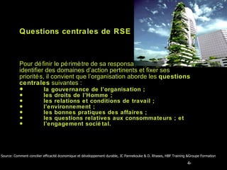 Questions centrales de RSE Pour définir le périmètre de sa responsabilité sociétale,  identifier des domaines d’action pertinents et fixer ses  priorités, il convient que l’organisation aborde les  questions  centrales  suivantes : la gouvernance de l’organisation ; les droits de l’Homme ; les relations et conditions de travail ;  l’environnement ;  les bonnes pratiques des affaires ;  les questions relatives aux consommateurs ; et l’engagement sociétal. Source: Comment concilier efficacité économique et développement durable, JC Pannekouke & D. Rhases, HBF Training &Groupe Formation  