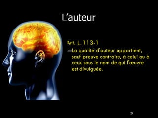 L’auteur Art. L. 113-1  La qualité d'auteur appartient, sauf preuve contraire, à celui ou à ceux sous le nom de qui l'œuvre est divulguée. 