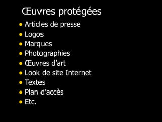 Œuvres protégées Articles de presse Logos Marques Photographies Œuvres d’art Look de site Internet Textes Plan d’accès Etc. 