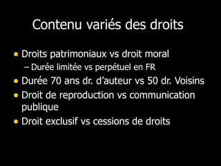 Contenu variés des droits  <ul><li>Droits patrimoniaux vs droit moral </li></ul><ul><ul><li>Durée limitée vs perpétuel en ...