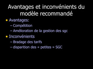 Avantages et inconvénients du modèle recommandé <ul><li>Avantages: </li></ul><ul><ul><li>Compétition </li></ul></ul><ul><u...