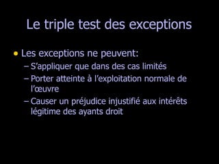 Le triple test des exceptions <ul><li>Les exceptions ne peuvent: </li></ul><ul><ul><li>S’appliquer que dans des cas limité...