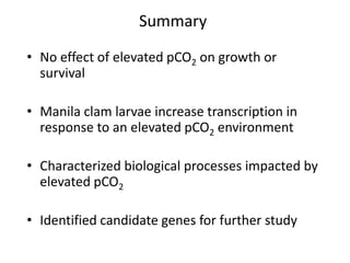 Summary

• No effect of elevated pCO2 on growth or
  survival

• Manila clam larvae increase transcription in
  response t...
