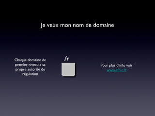 Chaque domaine de
premier niveau a sa
propre autorité de
régulation
.fr
Pour plus d’info voir
www.afnic.fr
Je veux mon nom de domaine
 