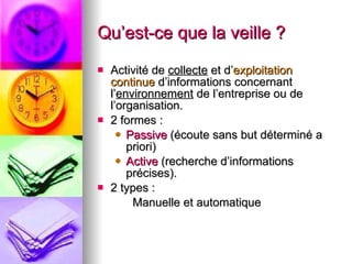 Qu’est-ce que la veille ? Activité de  collecte  et d’ exploitation   continue  d’informations concernant l’ environnement  de l’entreprise ou de l’organisation. 2 formes : Passive  (écoute sans but déterminé a priori) Active  (recherche d’informations précises). 2 types : Manuelle et automatique 