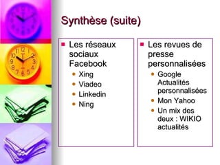 Synthèse (suite) Les réseaux sociaux Facebook Xing Viadeo Linkedin Ning Les revues de presse personnalisées Google Actualités personnalisées Mon Yahoo Un mix des deux : WIKIO actualités 