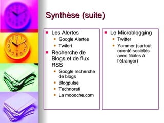 Synthèse (suite) Les Alertes Google Alertes Twilert Recherche de Blogs et de flux RSS Google recherche de blogs Blogpulse Technorati La moooche.com Le Microblogging Twitter Yammer (surtout orienté sociétés avec filiales à l’étranger) 