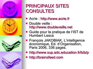 PRINCIPAUX SITES CONSULTES Acrie :  http://www.acrie.fr Double veille :  http://www.doubleveille.net Guide pour la pratique de l’IST de Humbert Lesca François JAKOBIAK, L’intelligence économique, Ed. d’Organisation, Paris 2006, 336 pages. http://www.sup.adc.education.fr/bib/publ/guides/veille http://brainsfeed.com   