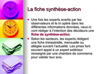 La fiche synthèse-action Une fois les experts avertis par les observateurs et le tri opéré dans les différentes informations données, ceux-ci vont rédiger à l’intention des décideurs une  fiche de synthèse-action . Selon les secteurs, les experts rédigent une fiche trimestrielle, mensuelle ou allégée suivant l’actualité. Les pmes font souvent appel à un expert extérieur renseigné par une chambre de commerce pour valider leur avis. 
