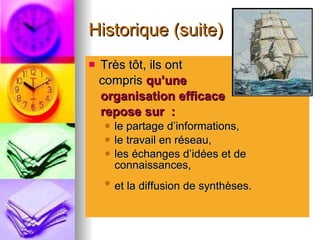 Historique (suite) Très tôt, ils ont  compris  qu’une  organisation efficace repose sur  : le partage d’informations,  le travail en réseau,  les échanges d’idées et de connaissances,  et la diffusion de synthèses.   