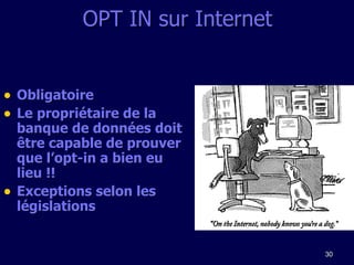 OPT IN sur Internet Obligatoire Le propriétaire de la banque de données doit être capable de prouver que l’opt-in a bien eu lieu !! Exceptions selon les législations 