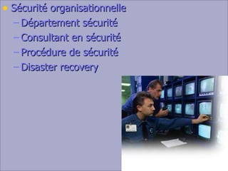 Sécurité organisationnelle Département sécurité Consultant en sécurité Procédure de sécurité Disaster recovery 