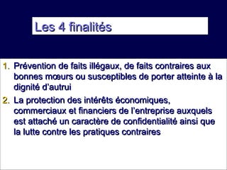Les 4 finalitésLes 4 finalités
1.1. Prévention de faits illégaux, de faits contraires auxPrévention de faits illégaux, de faits contraires aux
bonnes mœurs ou susceptibles de porter atteinte à labonnes mœurs ou susceptibles de porter atteinte à la
dignité d’autruidignité d’autrui
2.2. La protection des intérêts économiques,La protection des intérêts économiques,
commerciaux et financiers de l’entreprise auxquelscommerciaux et financiers de l’entreprise auxquels
est attaché un caractère de confidentialité ainsi queest attaché un caractère de confidentialité ainsi que
la lutte contre les pratiques contrairesla lutte contre les pratiques contraires
 