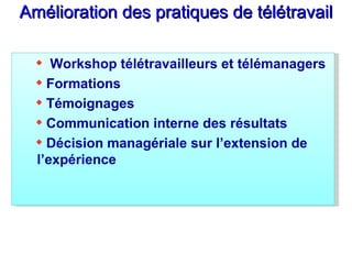 Amélioration des pratiques de télétravail Workshop télétravailleurs et télémanagers Formations Témoignages Communication interne des résultats Décision managériale sur l’extension de l’expérience 