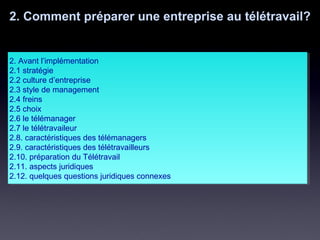 2. Avant l’implémentation
2.1 stratégie
2.2 culture d’entreprise
2.3 style de management
2.4 freins
2.5 choix
2.6 le télémanager
2.7 le télétravaileur
2.8. caractéristiques des télémanagers
2.9. caractéristiques des télétravailleurs
2.10. préparation du Télétravail
2.11. aspects juridiques
2.12. quelques questions juridiques connexes
2. Avant l’implémentation
2.1 stratégie
2.2 culture d’entreprise
2.3 style de management
2.4 freins
2.5 choix
2.6 le télémanager
2.7 le télétravaileur
2.8. caractéristiques des télémanagers
2.9. caractéristiques des télétravailleurs
2.10. préparation du Télétravail
2.11. aspects juridiques
2.12. quelques questions juridiques connexes
2. Comment préparer une entreprise au télétravail?
 