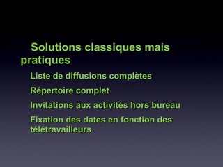 Solutions classiques maisSolutions classiques mais
pratiquespratiques
Liste de diffusions complètesListe de diffusions complètes
Répertoire completRépertoire complet
Invitations aux activités hors bureauInvitations aux activités hors bureau
Fixation des dates en fonction desFixation des dates en fonction des
télétravailleurstélétravailleurs
 