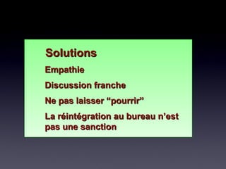 SolutionsSolutions
EmpathieEmpathie
Discussion francheDiscussion franche
Ne pas laisser “pourrir”Ne pas laisser “pourrir”
La réintégration au bureau n’estLa réintégration au bureau n’est
pas une sanctionpas une sanction
SolutionsSolutions
EmpathieEmpathie
Discussion francheDiscussion franche
Ne pas laisser “pourrir”Ne pas laisser “pourrir”
La réintégration au bureau n’estLa réintégration au bureau n’est
pas une sanctionpas une sanction
 