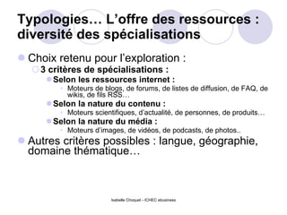 Typologies… L’offre des ressources : diversité des spécialisations Choix retenu pour l’exploration :  3 critères de spécialisations :  Selon les ressources internet :   Moteurs de blogs, de forums, de listes de diffusion, de FAQ, de wikis, de fils RSS… Selon la nature du contenu :  Moteurs scientifiques, d’actualité, de personnes, de produits… Selon la nature du média : Moteurs d’images, de vidéos, de podcasts, de photos.. Autres critères possibles : langue, géographie, domaine thématique… Isabelle Choquet - ICHEC ebusiness 
