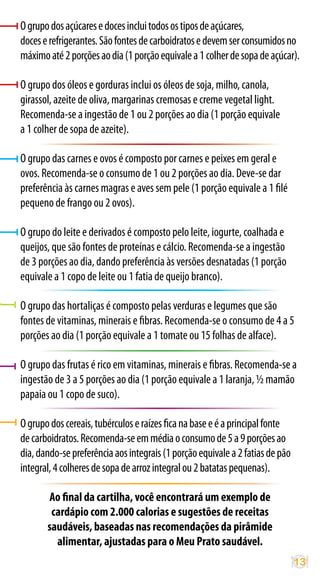 O grupo dos açúcares e doces inclui todos os tipos de açúcares,
doces e refrigerantes. São fontes de carboidratos e devem ser consumidos no
máximo até 2 porções ao dia (1 porção equivale a 1 colher de sopa de açúcar).

O grupo dos óleos e gorduras inclui os óleos de soja, milho, canola,
girassol, azeite de oliva, margarinas cremosas e creme vegetal light.
Recomenda-se a ingestão de 1 ou 2 porções ao dia (1 porção equivale
a 1 colher de sopa de azeite).

O grupo das carnes e ovos é composto por carnes e peixes em geral e
ovos. Recomenda-se o consumo de 1 ou 2 porções ao dia. Deve-se dar
preferência às carnes magras e aves sem pele (1 porção equivale a 1 filé
pequeno de frango ou 2 ovos).

O grupo do leite e derivados é composto pelo leite, iogurte, coalhada e
queijos, que são fontes de proteínas e cálcio. Recomenda-se a ingestão
de 3 porções ao dia, dando preferência às versões desnatadas (1 porção
equivale a 1 copo de leite ou 1 fatia de queijo branco).

O grupo das hortaliças é composto pelas verduras e legumes que são
fontes de vitaminas, minerais e fibras. Recomenda-se o consumo de 4 a 5
porções ao dia (1 porção equivale a 1 tomate ou 15 folhas de alface).

O grupo das frutas é rico em vitaminas, minerais e fibras. Recomenda-se a
ingestão de 3 a 5 porções ao dia (1 porção equivale a 1 laranja, ½ mamão
papaia ou 1 copo de suco).

O grupo dos cereais, tubérculos e raízes fica na base e é a principal fonte
de carboidratos. Recomenda-se em média o consumo de 5 a 9 porções ao
dia, dando-se preferência aos integrais (1 porção equivale a 2 fatias de pão
integral, 4 colheres de sopa de arroz integral ou 2 batatas pequenas).

       Ao final da cartilha, você encontrará um exemplo de
        cardápio com 2.000 calorias e sugestões de receitas
       saudáveis, baseadas nas recomendações da pirâmide
         alimentar, ajustadas para o Meu Prato saudável.
                                                                               13
 